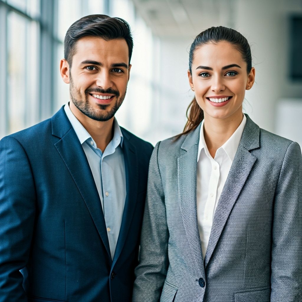Dynamic Hispanic power couple in professional attire
