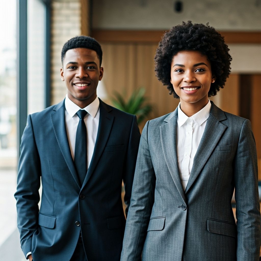 Diverse power couple in professional business attire